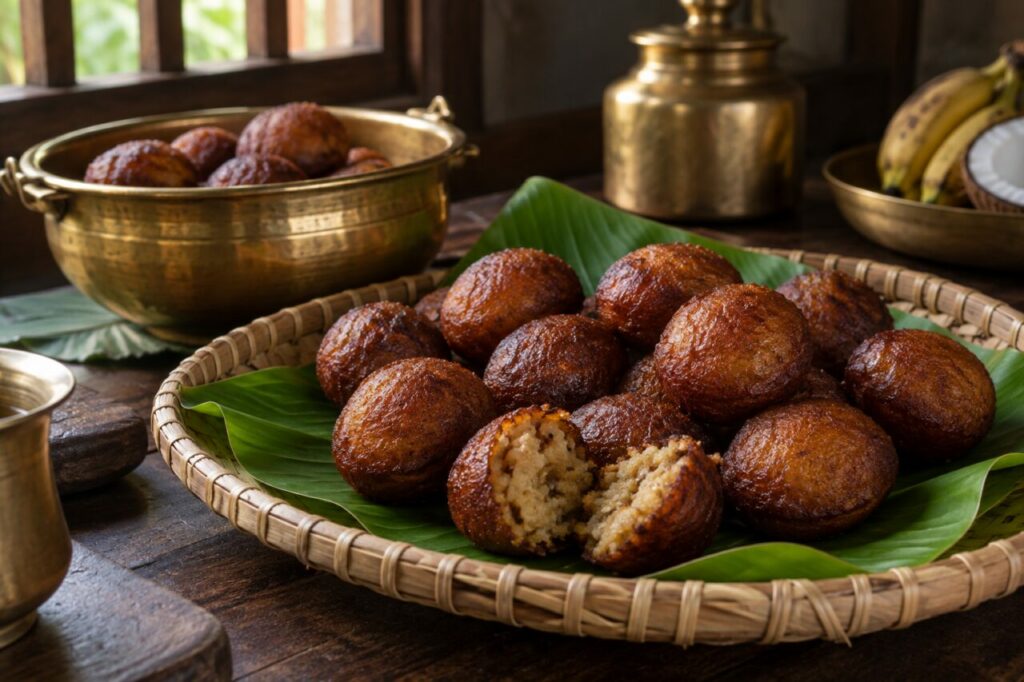 Refroidissement: Unniyappam du Kerala refroidissant sur feuille de bananier