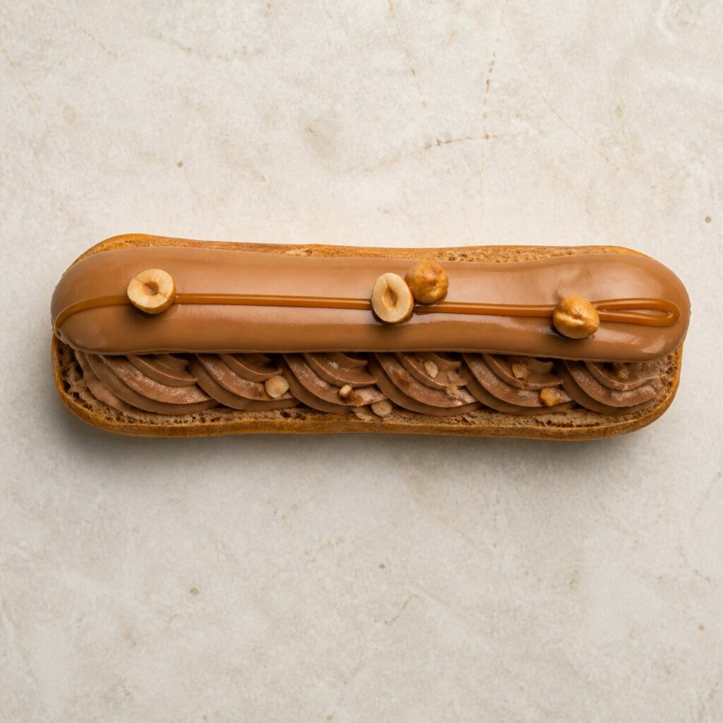 Hazelnoten op opgespoten room van een gianduja-éclair