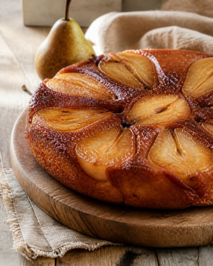 Poires brillantes et miel sur le gâteau renversé