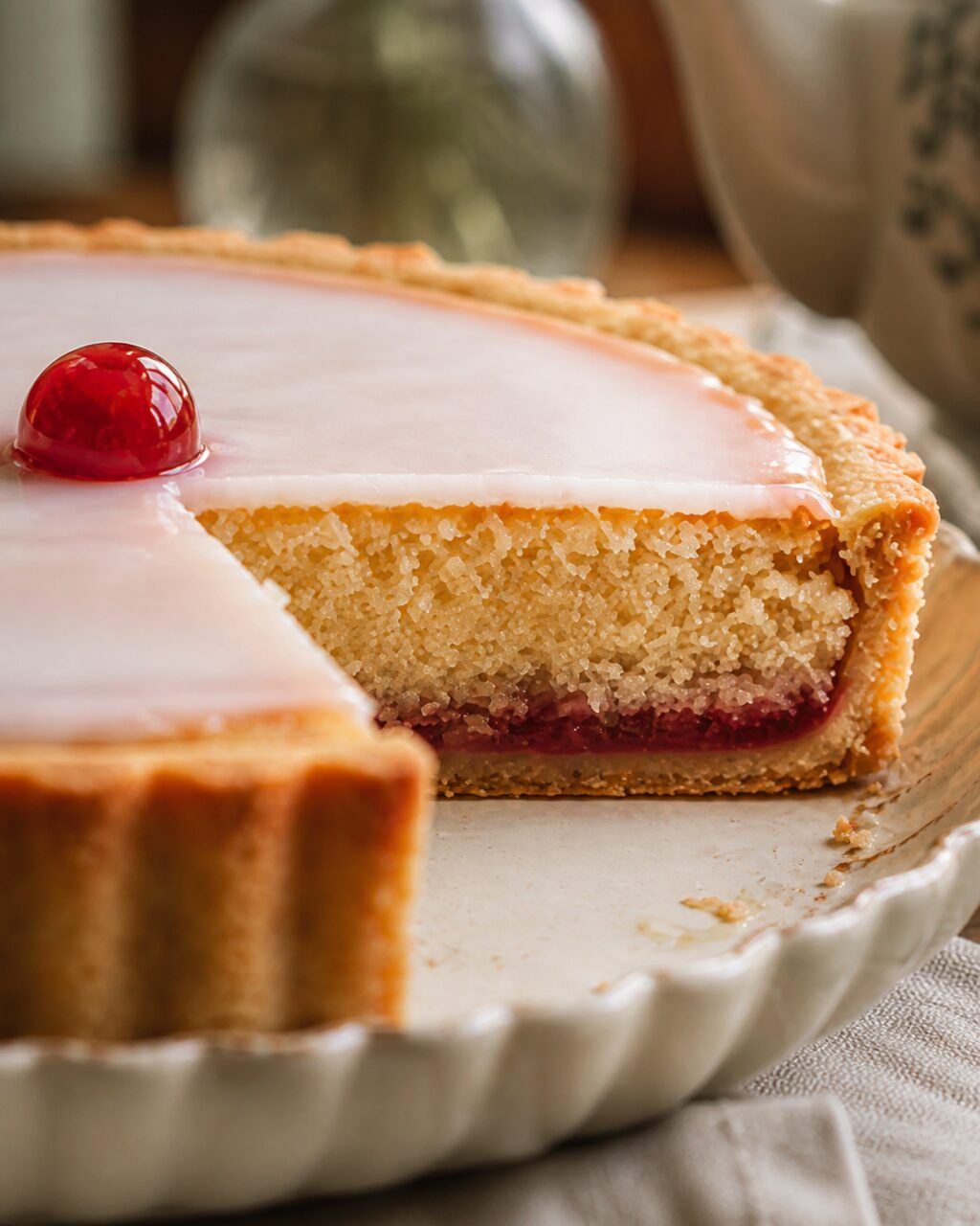 Camadas de amêndoa e compota numa fatia de tarte Bakewell