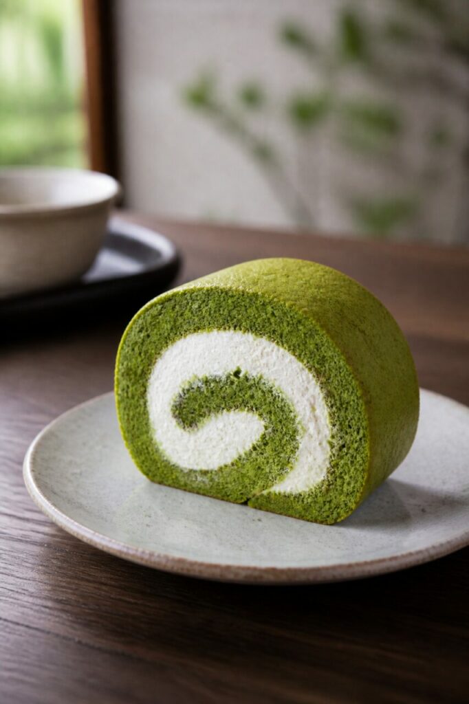 Plantes et thé accompagnent le gâteau roulé garni de crème