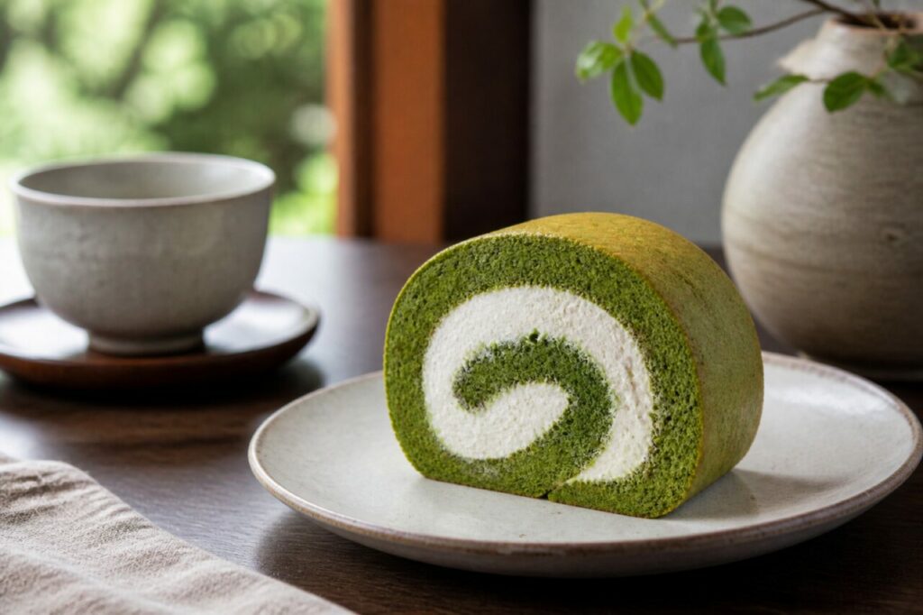 Assiette sombre sous le gâteau roulé au matcha