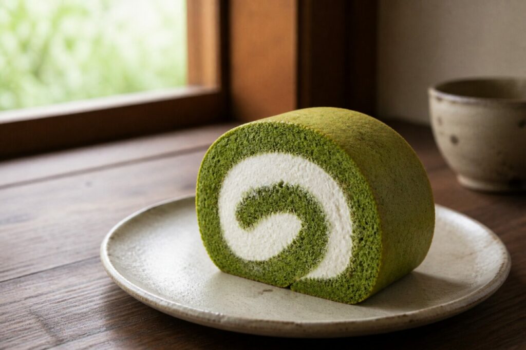 Tranche de gâteau roulé au matcha servie près de la fenêtre
