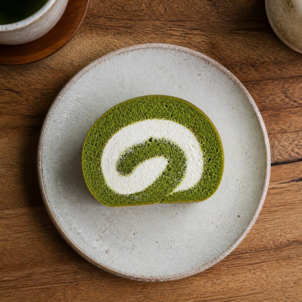 Spirale verte alternant matcha et crème dans la tranche