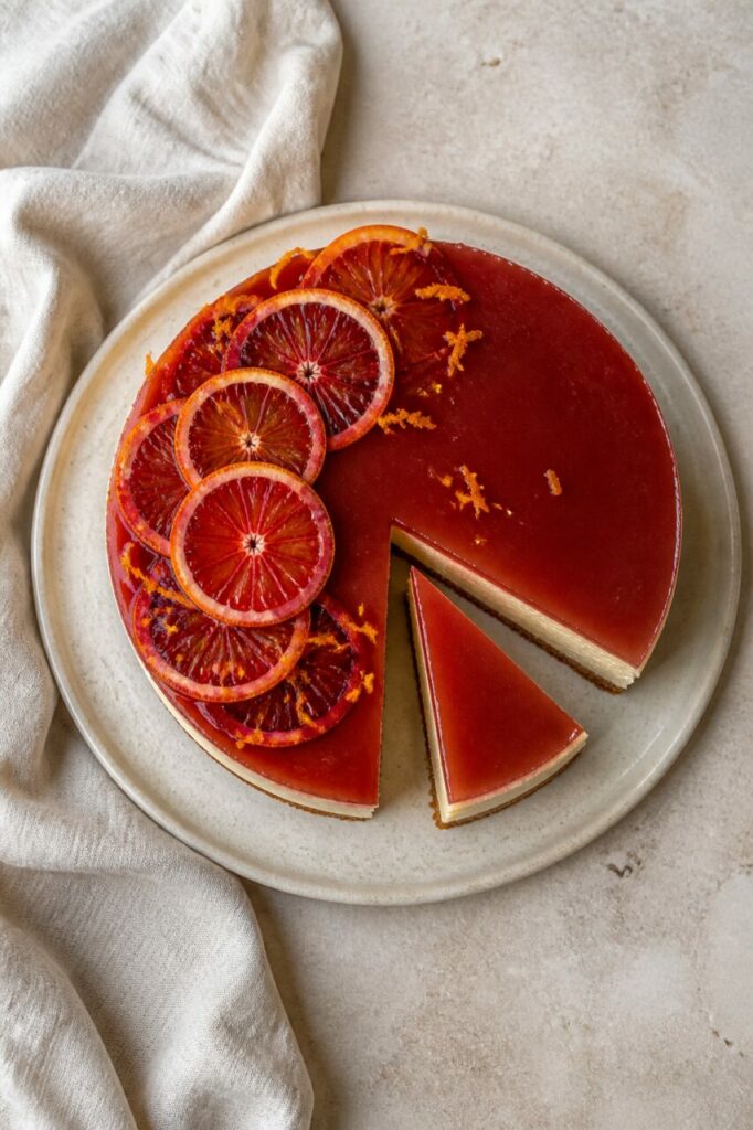 Rondelles d'agrume décorant le cheesecake à l'orange sanguine