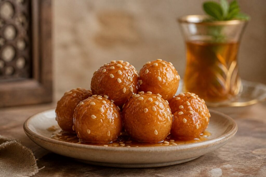Rounded luqaimat coated with honey and sesame