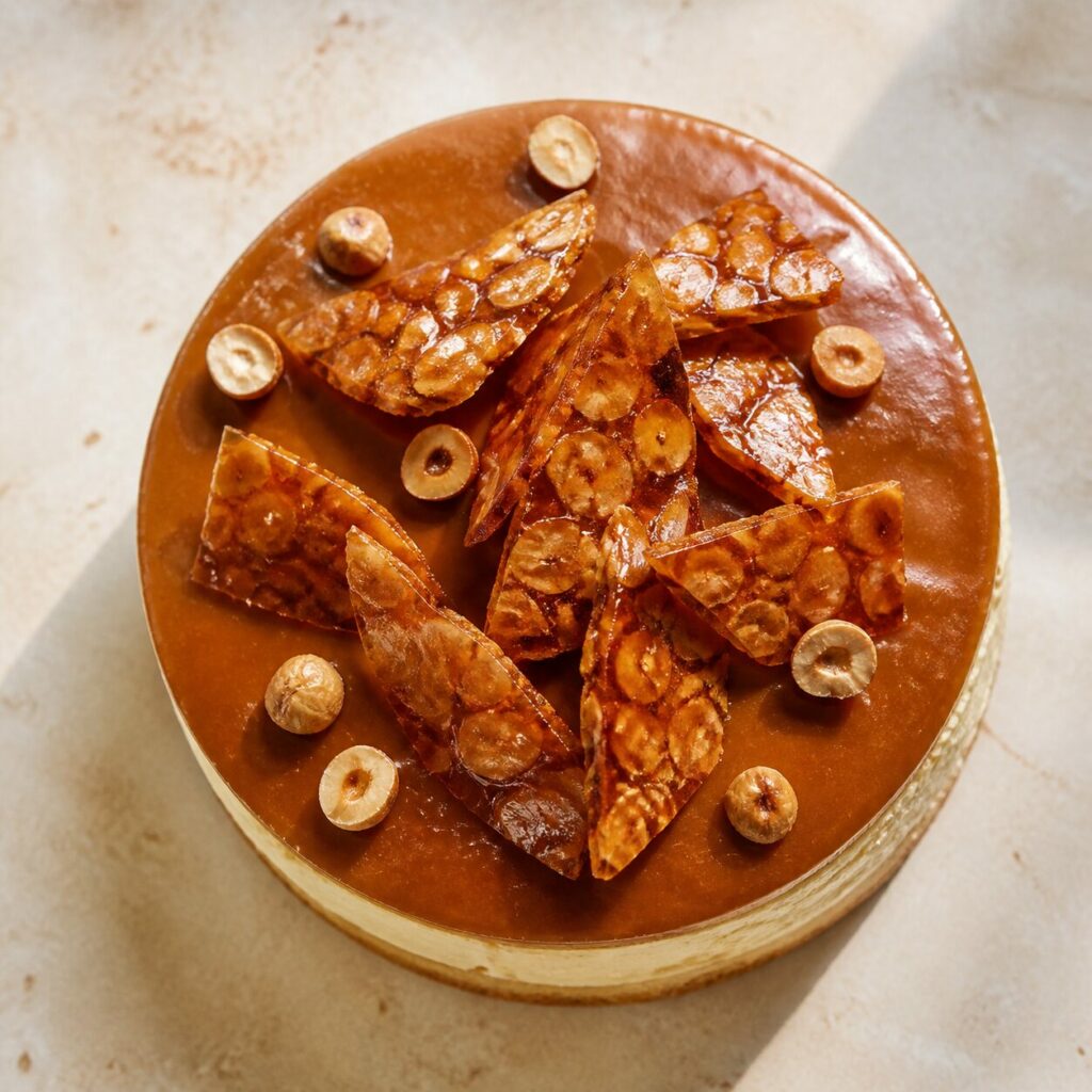 Rosace d'éclats triangulaires sur le caramel du gâteau nougatine