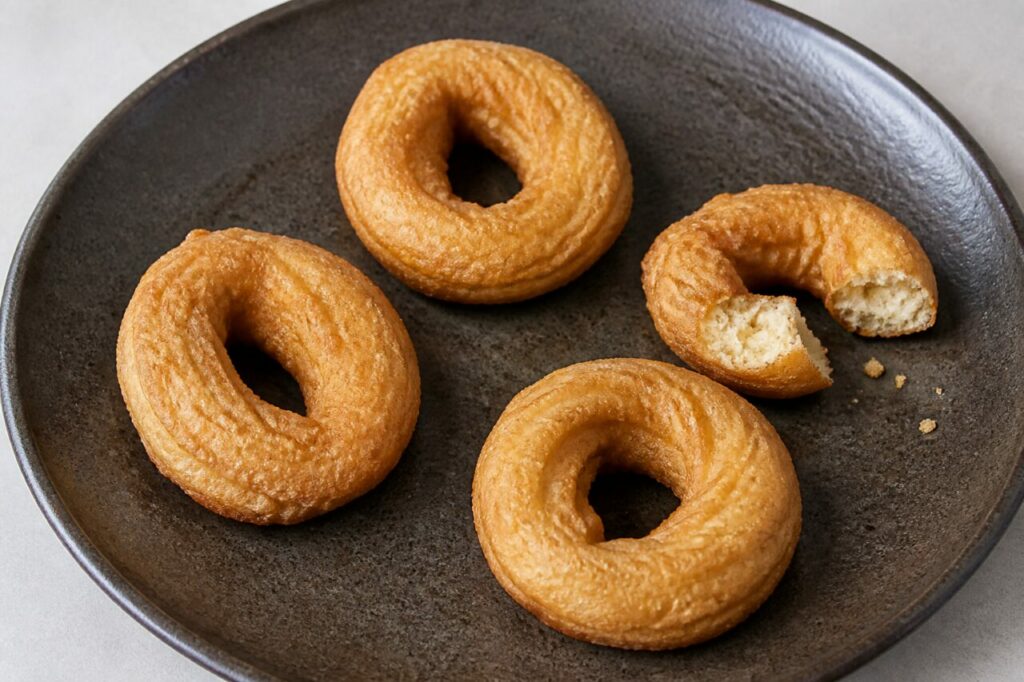 Roscas fritas d’Extremadura, anneaux dorés striés avec une pièce rompue sur grès sombre