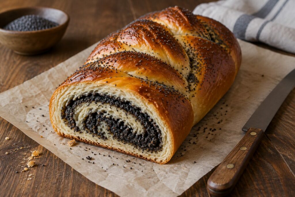 Rolo de kolach de papoila fatiado sobre papel vegetal