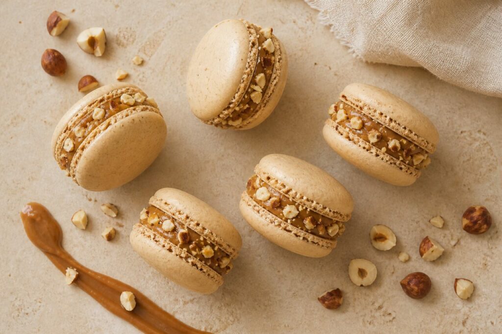 Nastro generoso di pralinato nella farcitura dei macaron alla nocciola