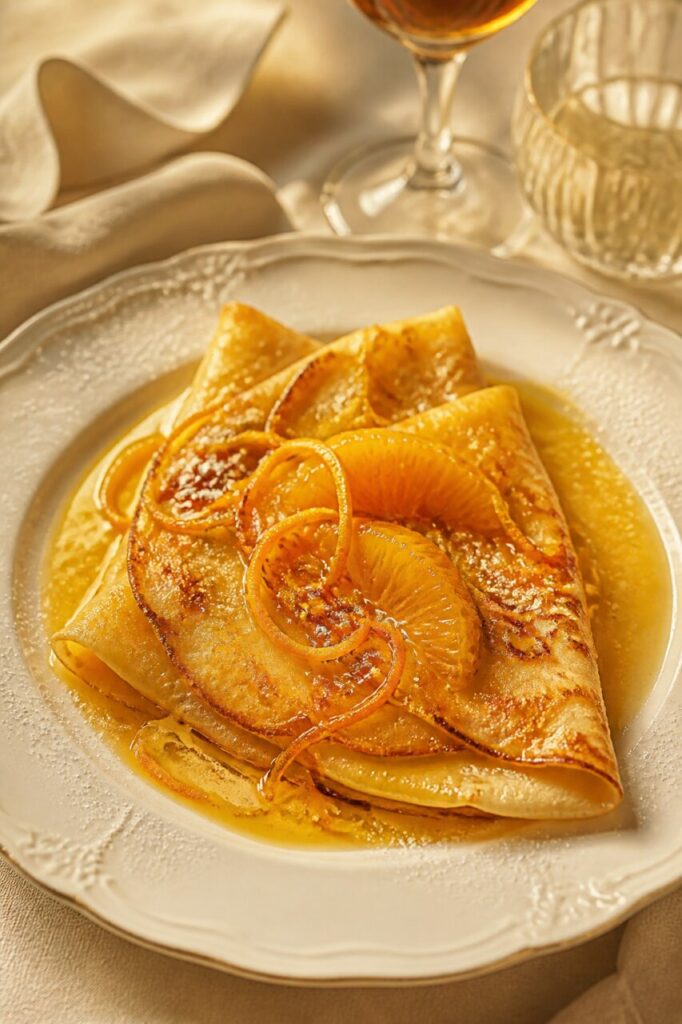 Orange ribbons curl over the sauced Crêpes Suzette
