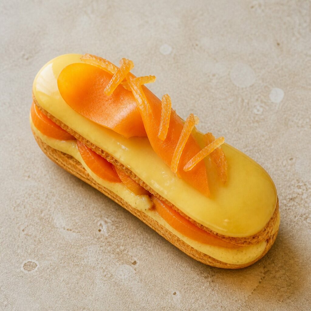 Rubans orange coiffant l’éclair au yuzu et à la papaye