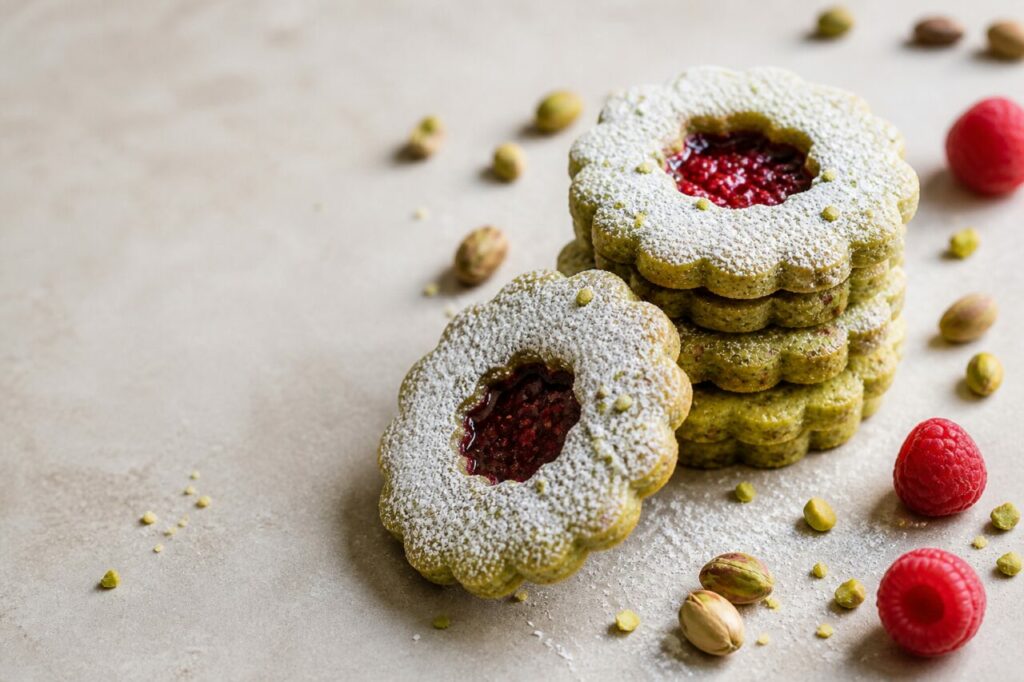 Pistaches et framboises espacées autour des biscuits