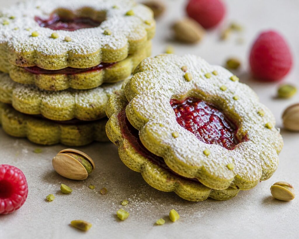 Sablés Linzer pistache-framboise empilés en équilibre