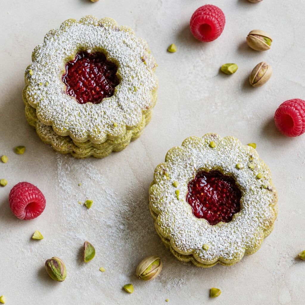 Deux biscuits fleuris parmi framboises et pistaches