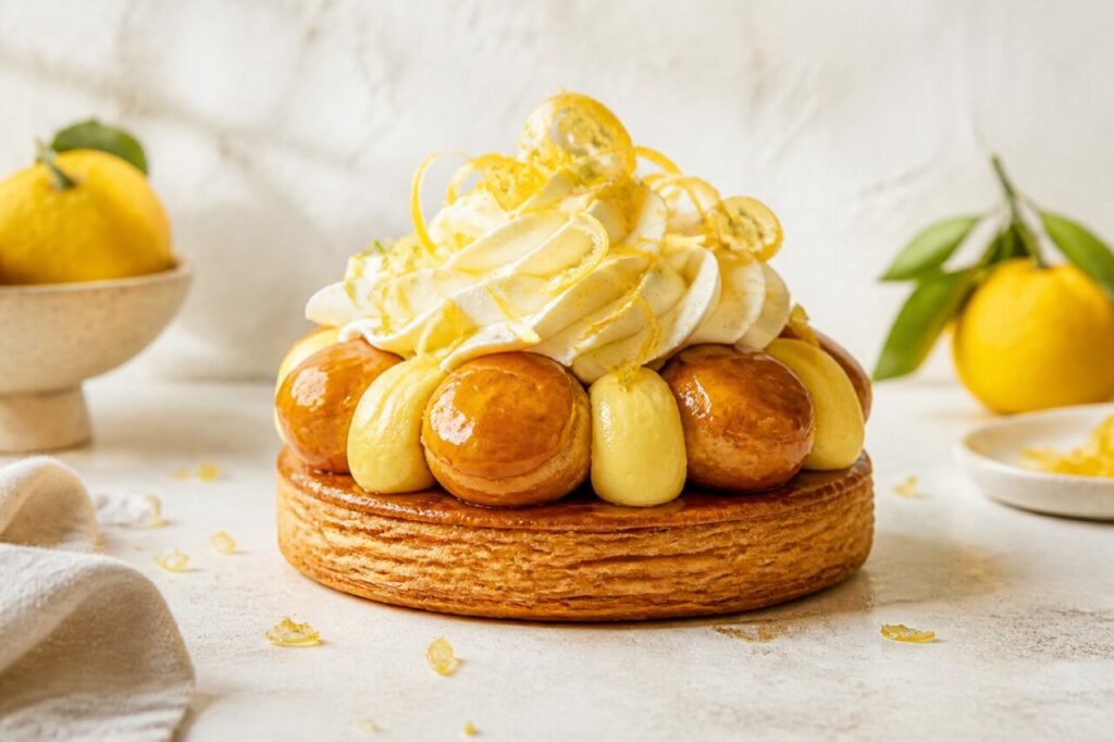 Base folhada, choux brilhantes e creme cítrico