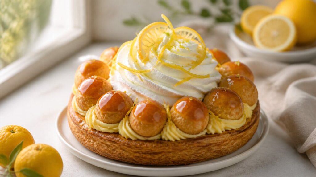 Agrumes frais auprès du gâteau citron-yuzu