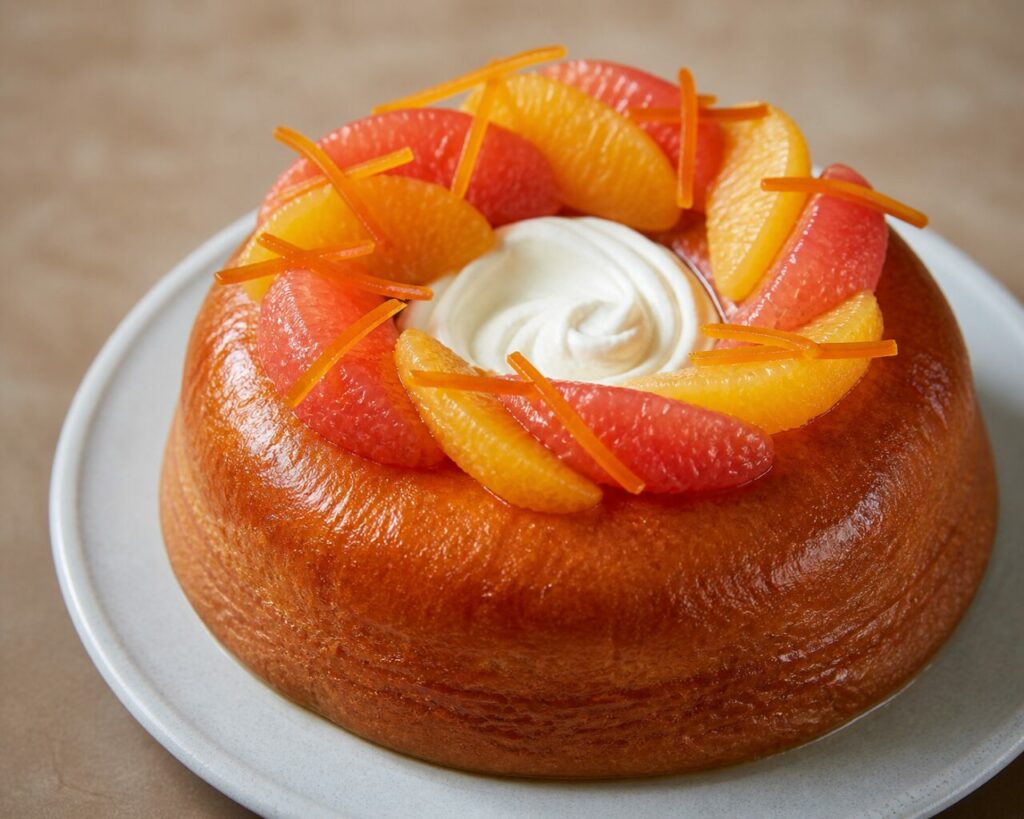 Savarin à l'orange couronné de suprêmes d'agrumes