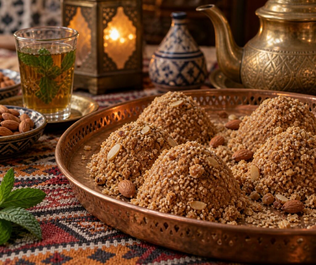 Broken sellou reveals almond and sesame on Moroccan ceramic