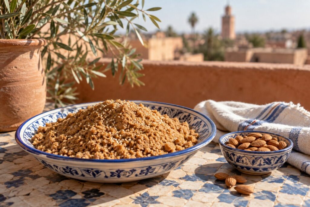 Moroccan sellou mound beneath warm riad light