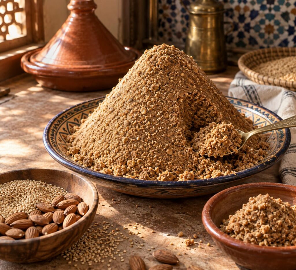 Au petit déjeuner, sellou marocain sur plat bleu et blanc aux amandes