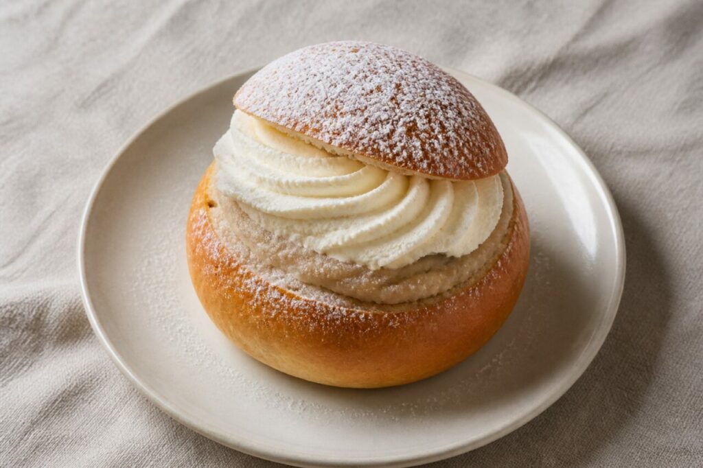 Swedish semla with almond filling and cream