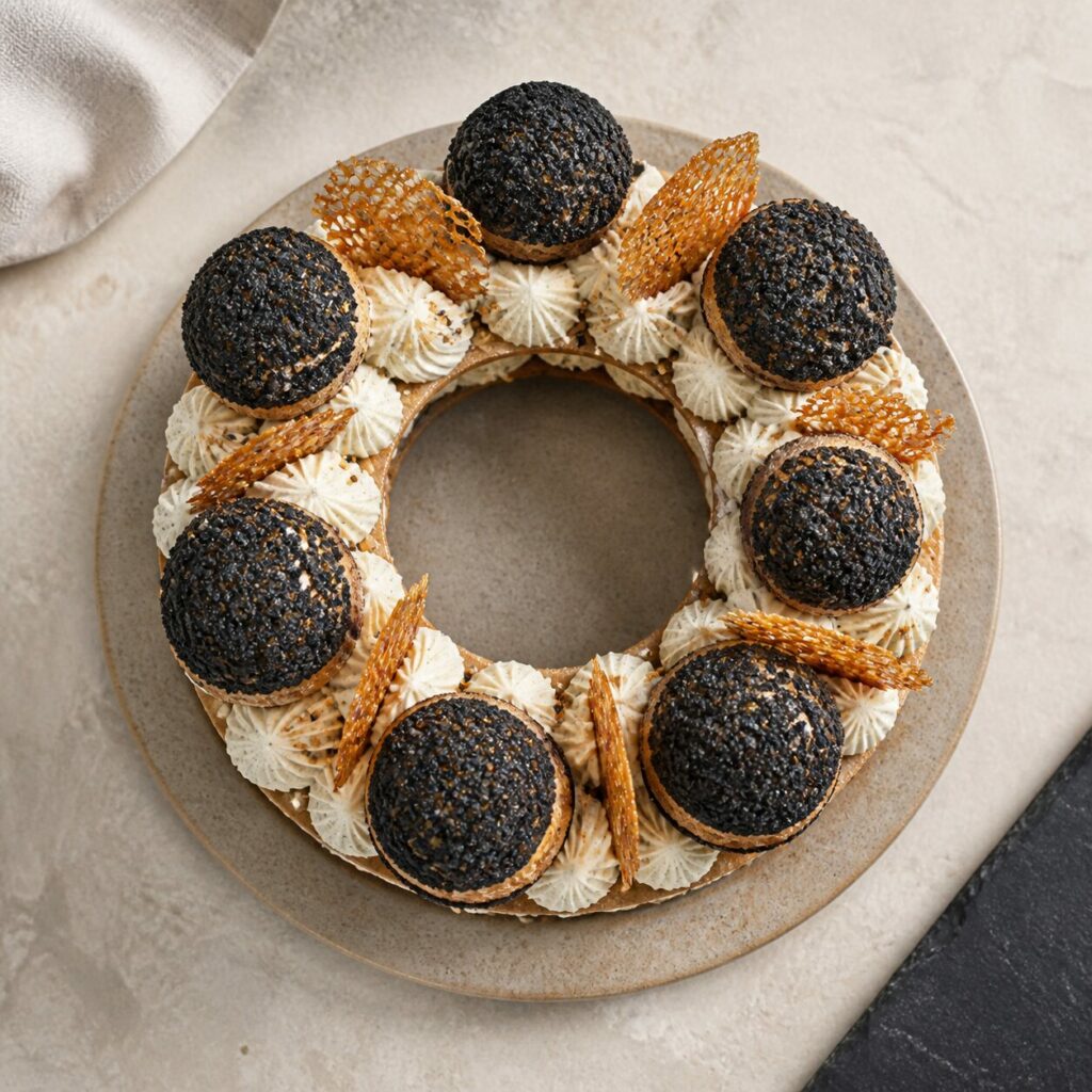 Sete choux rodeiam o Saint-Honoré de sésamo preto