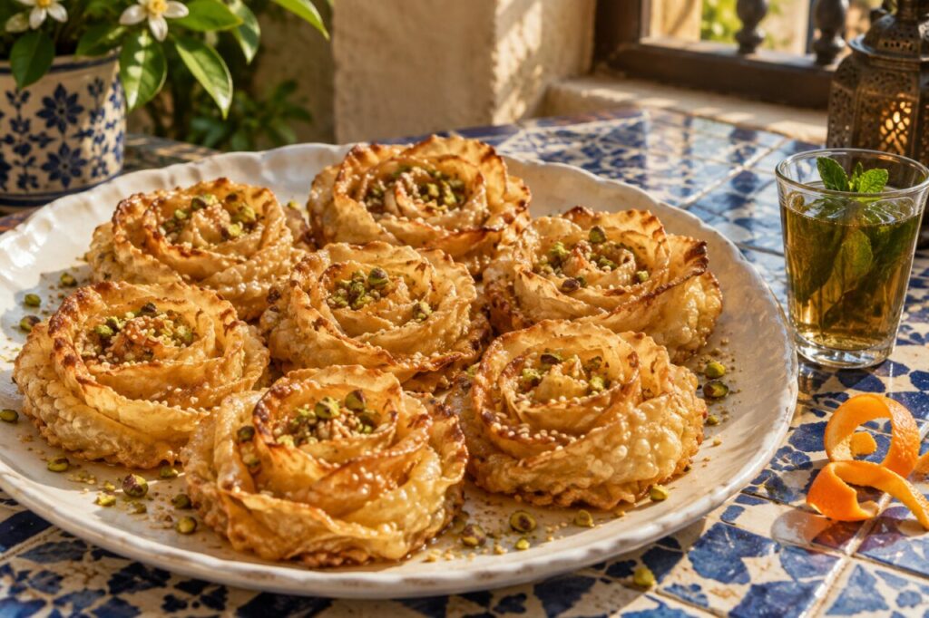 Beneath the citrus leaves, seven Sephardic fazuelos with syrup and pistachios accompany mint tea