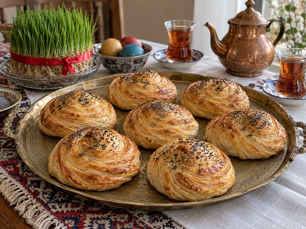 Autour du samani, sept shor gogal azerbaïdjanais dorés sur un plateau de Novruz