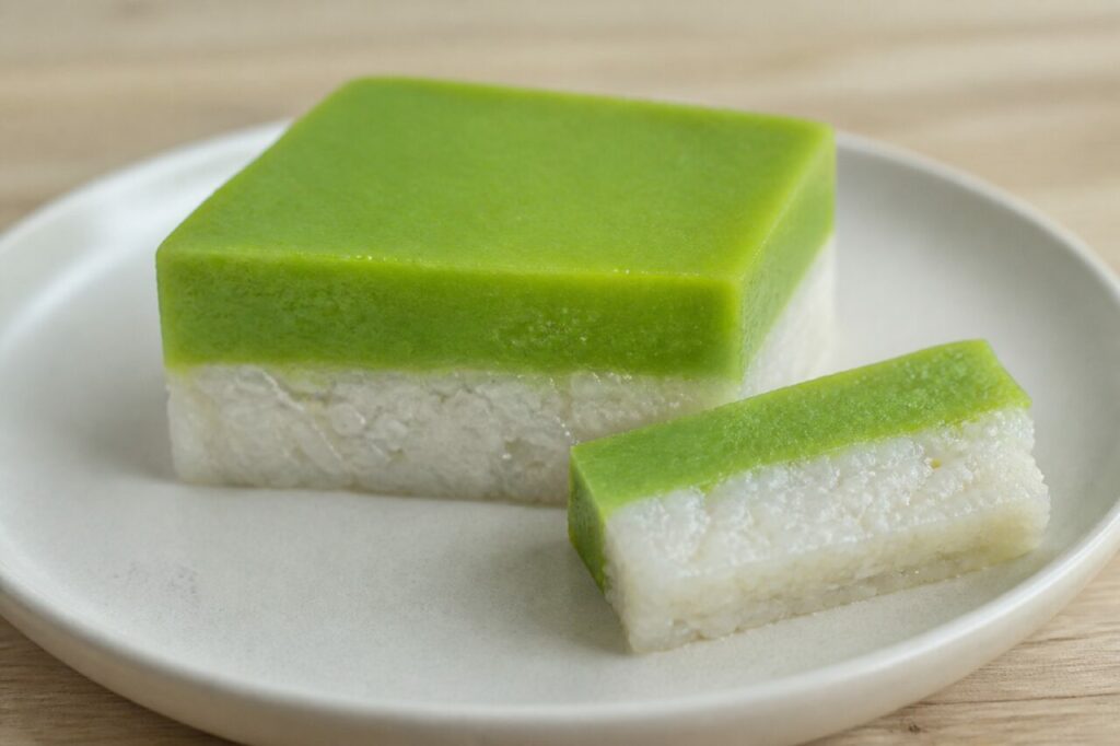 Seri muka malaio de duas camadas com arroz glutinoso branco e cobertura verde de pandan