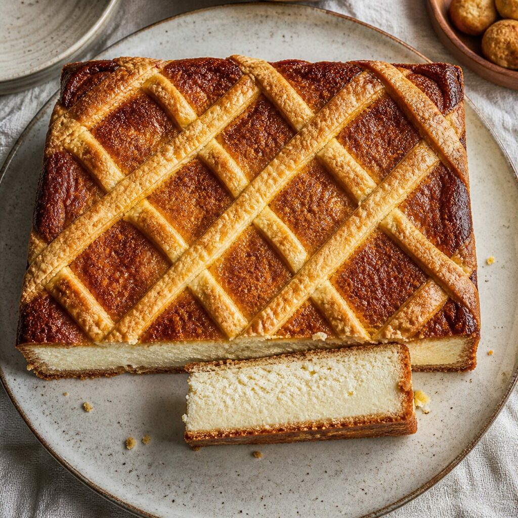 A cut slice accompanies this square Sernik krakowski with crossed pastry and a deeply browned crust