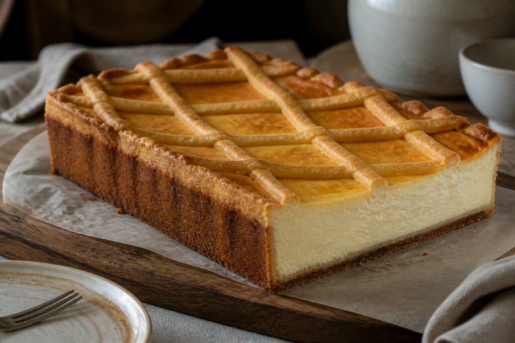 Resting on a broad platter, a whole Sernik krakowski reveals its golden lattice and white-cheese filling