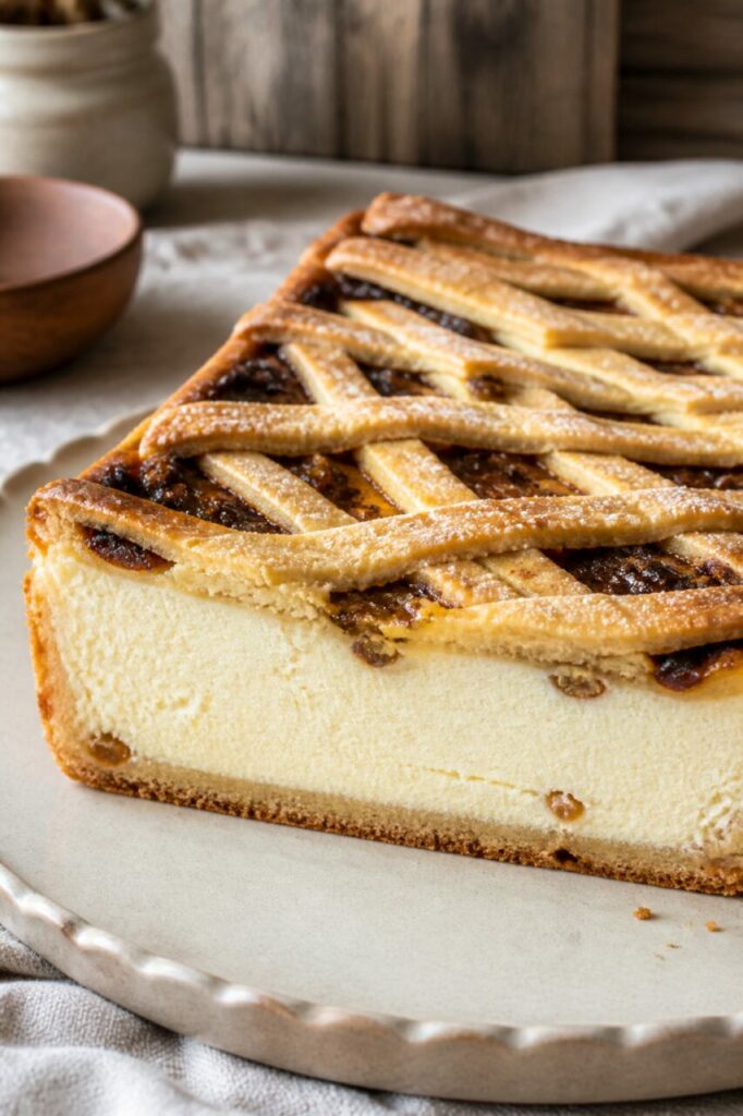 Among golden raisins, Sernik krakowski reveals a deep creamy filling beneath its pastry strips