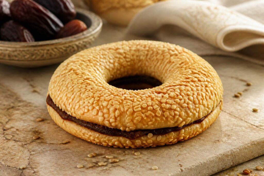 Pale sesame coats the golden ring of date-filled kaak bi ajwa