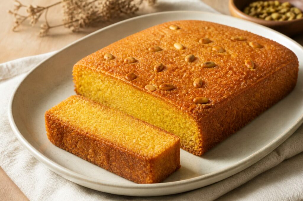 Sfouf libanais au curcuma, gâteau jaune avec tranche moelleuse sur céramique artisanale