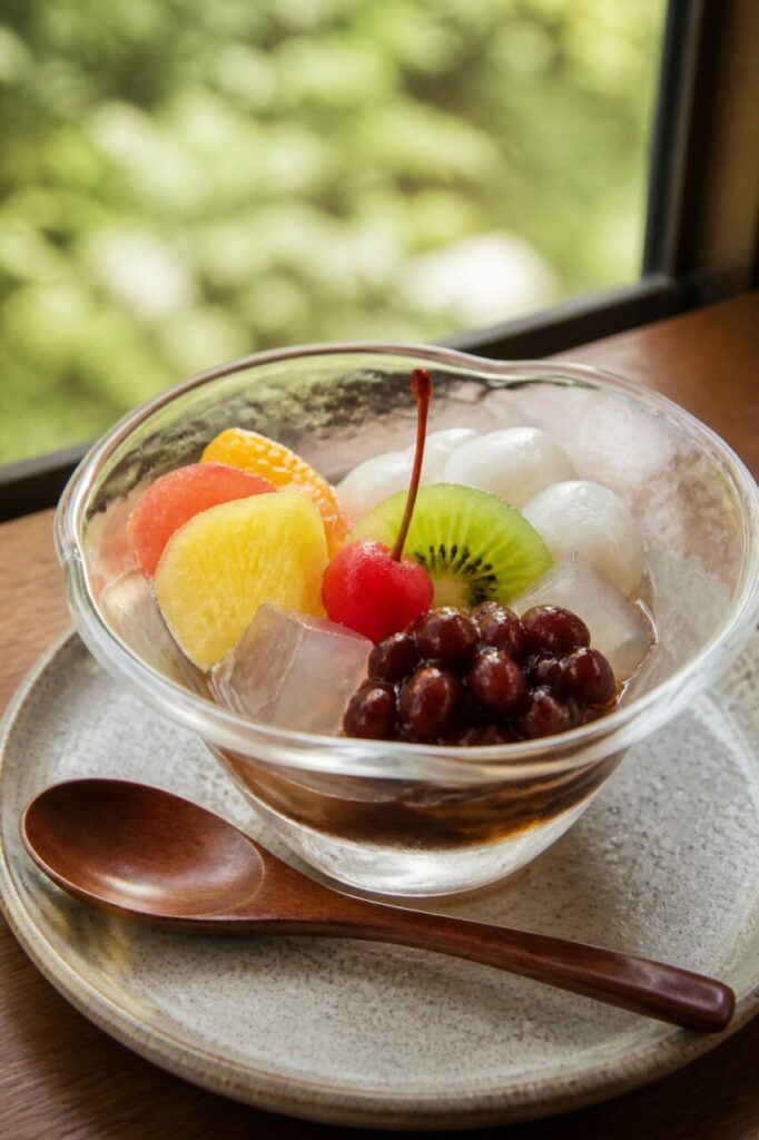 Shiratama blancos y kiwi en el anmitsu japonés