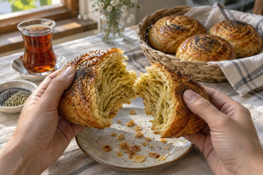 Entre les mains, un shor gogal azerbaïdjanais se partage au-dessus d’une assiette