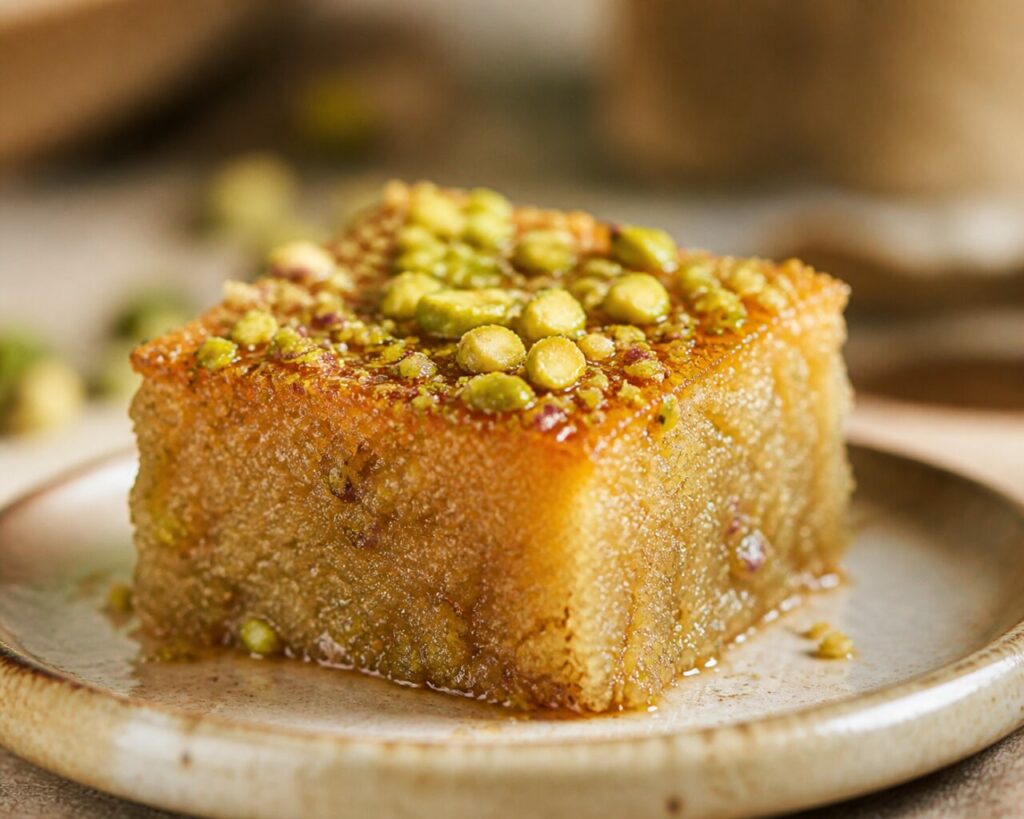 Amber syrup and whole pistachios enrich the opened hareeseh