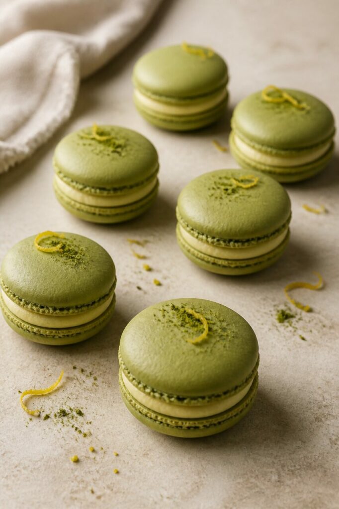 Six macarons matcha-yuzu associent coques vertes et crème pâle