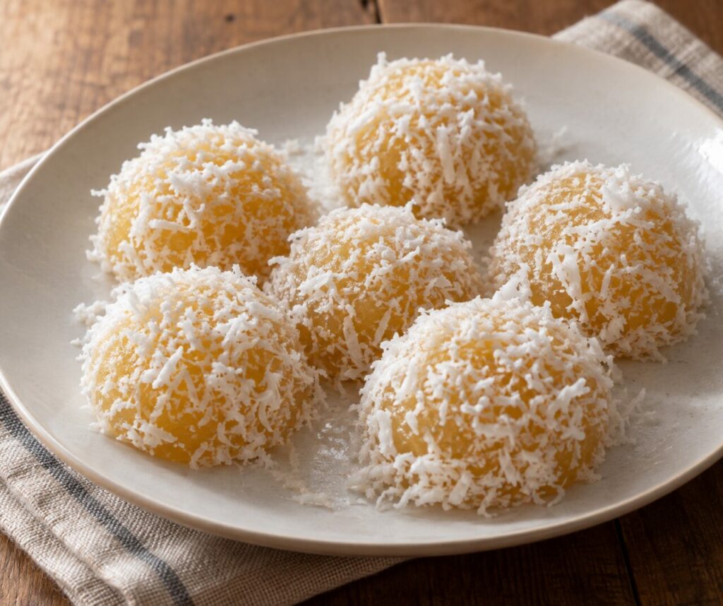Six coconut-coated Filipino pichi-pichi on a pale plate