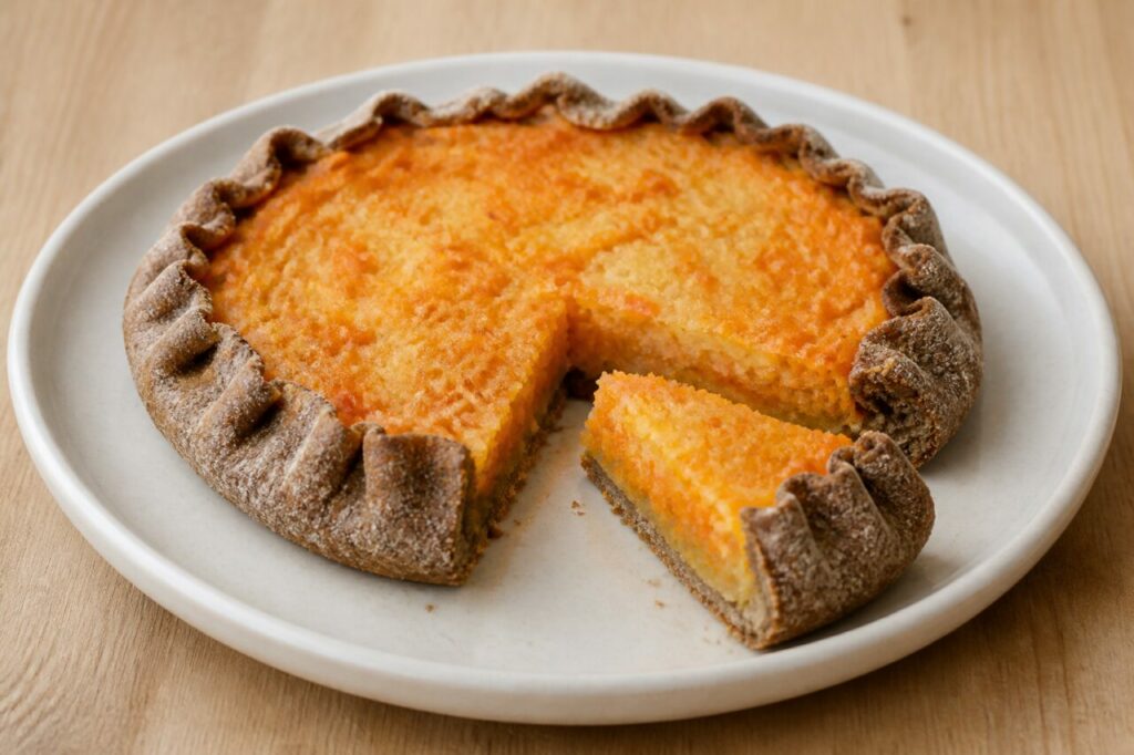 Sklandrausis letton en tarte ouverte orange sur pâte sombre de seigle