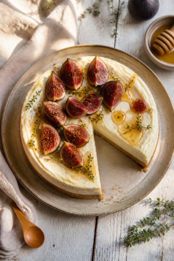Koekfundament draagt de aangesneden ricotta-vijgencheesecake