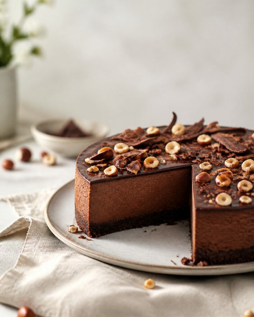 Dark biscuit base supports the chocolate hazelnut cheesecake