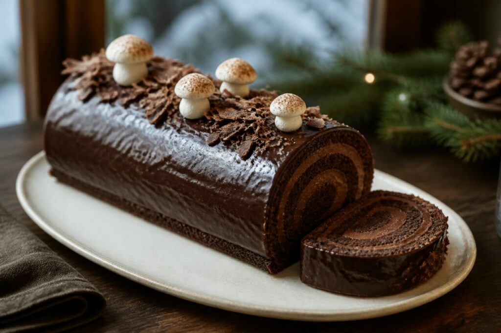 Spirale chocolatée au bout de la bûche au chocolat noir et ganache