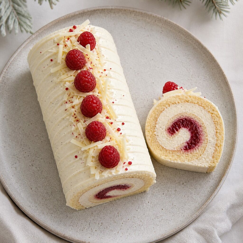 Spirale rouge au centre de la bûche vanille et framboise