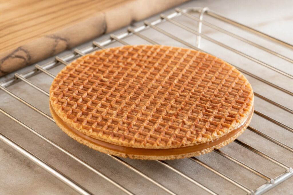 Stroopwafel au caramel sur grille de refroidissement en gros plan