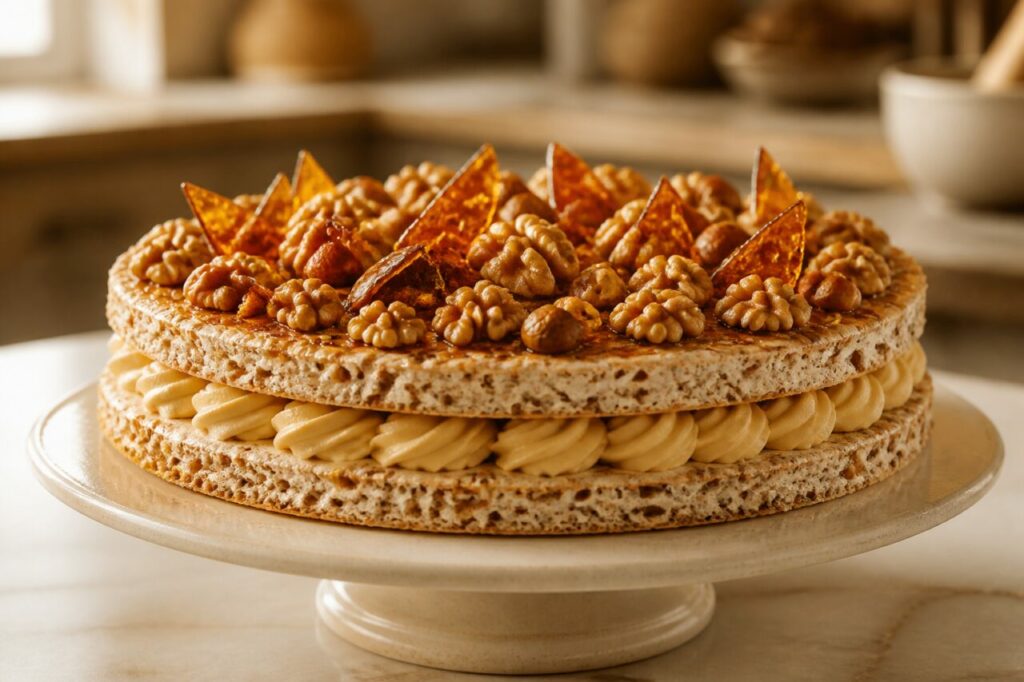Succès aux noix garni de crème caramel-pralinée et de nougatine