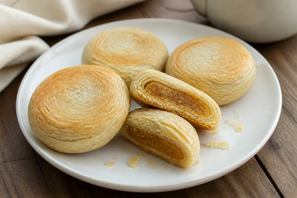 Sun cake taiwanês, bolos redondos folhados com recheio dourado de malte