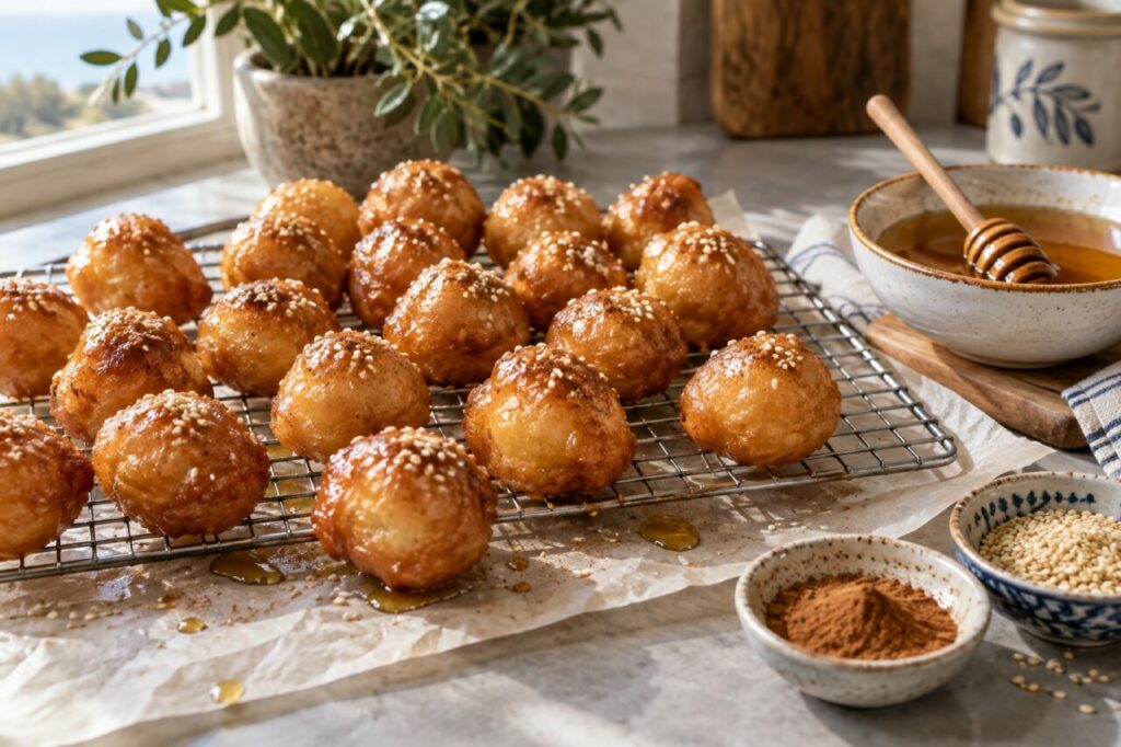 Sur la grille, loukoumades grecs au miel refroidissant près des épices