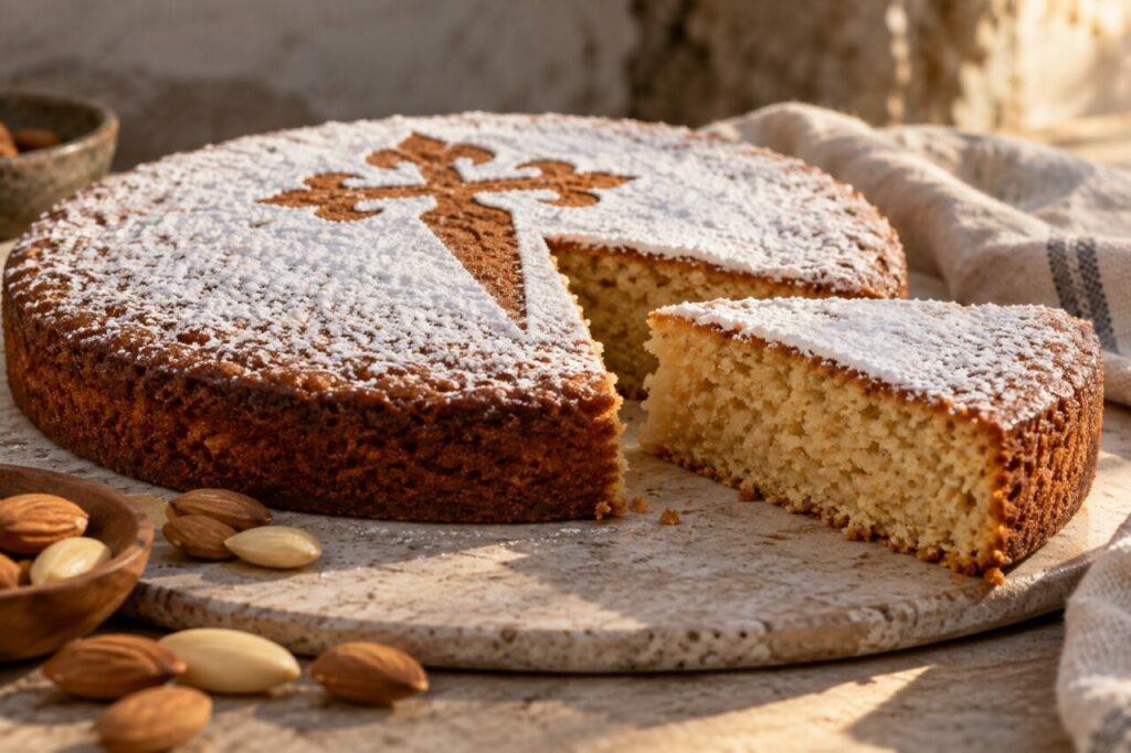 Sur pierre claire, tarta de Santiago aux amandes avec part et fruits secs